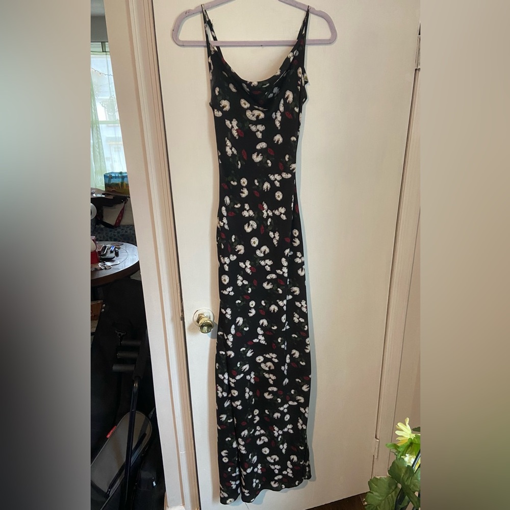 Painted Floral Semiformal Cowl Neck Maxi Dress with Long Slit